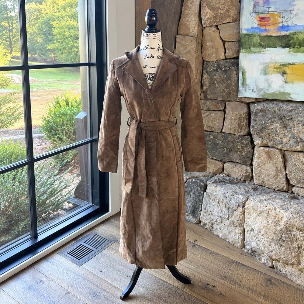 Brown Suede Leather Trench Coat Long Belted Vintage Etam Small